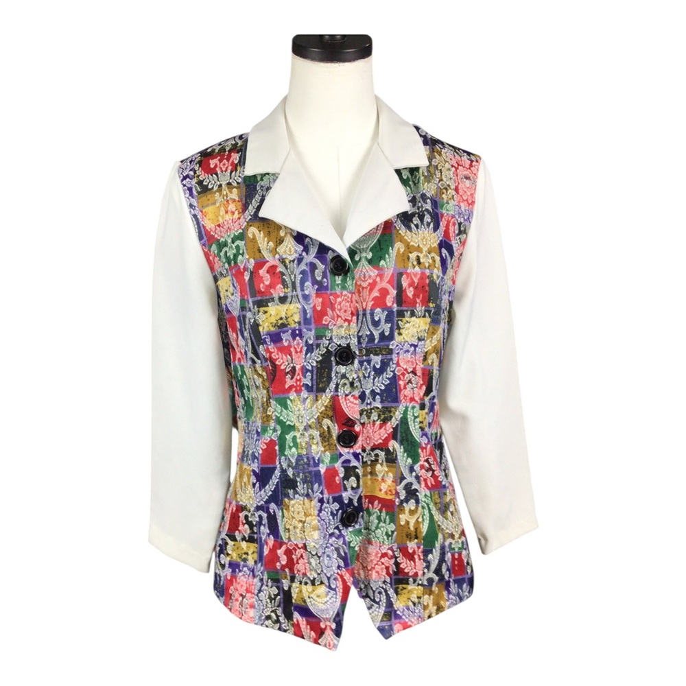 Vintage Whirlaway Frocks Colorful Patchwork Floral Vest Style White Sleeve Sz 10